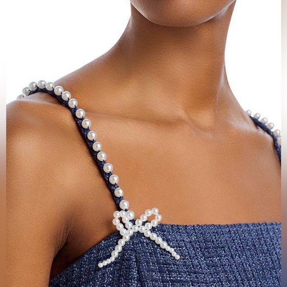 🆕 AQUA Tweed Drop Waist Mini Dress Exclusive Pearl Strap Bow Detail Size S Party - Picture 4 of 16